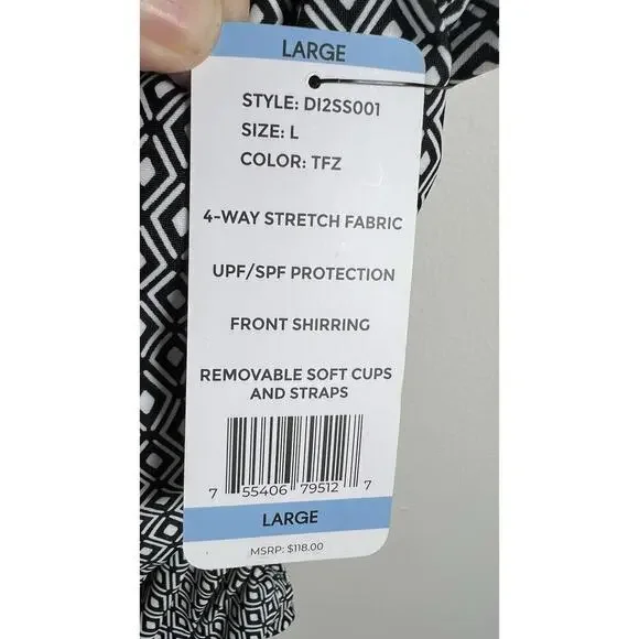 DKNY Women's Black & White Geometric Print Adjustable Strap One Piece Swimsuit L - Picture 10 of 13